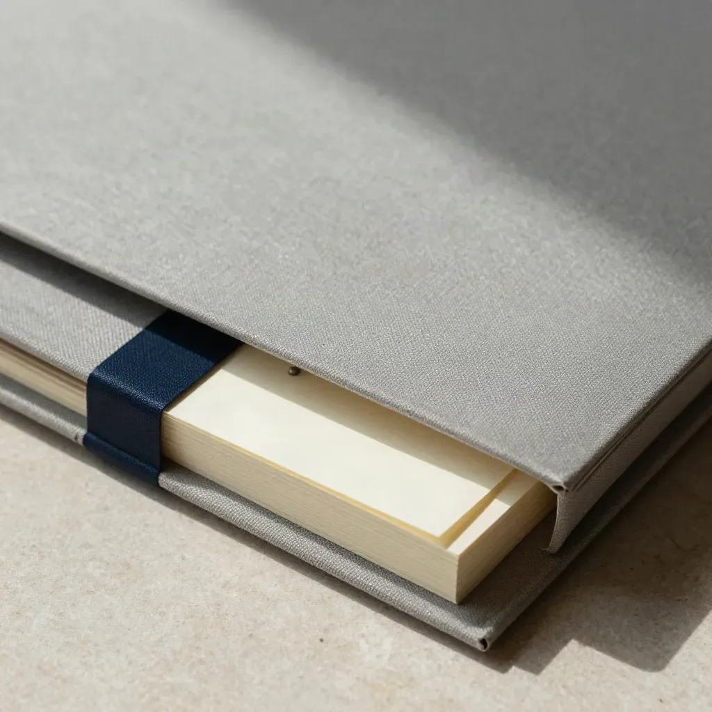 Macro of a grey strategy folder partly out of a linen sleeve on pale stone.