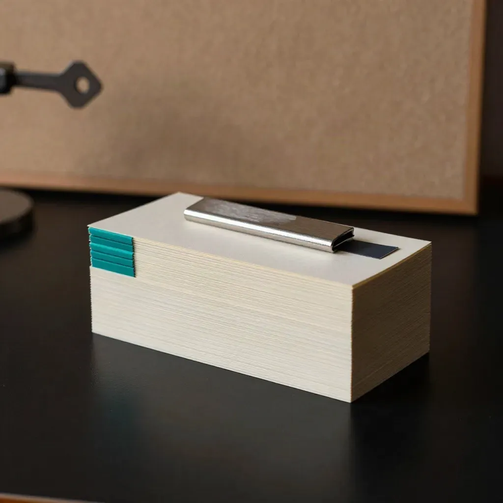 Ivory planning cards, teal tab and silver clip on a dark surface