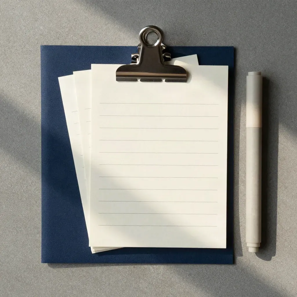 Top-down SME review pack with navy folder, ivory cards, steel clip and stone marker on concrete.