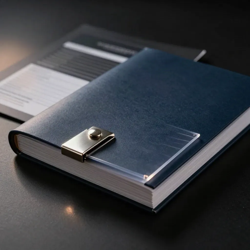 Navy competitor scan report bundle with steel clasp on a dark studio surface