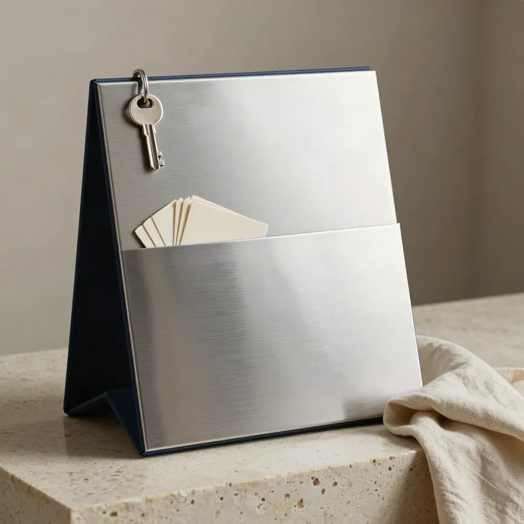 Silver retainer kit with navy spine and folded linen on pale travertine.
