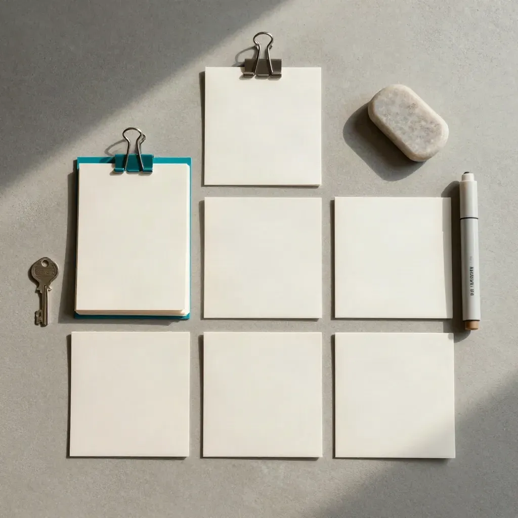 Overhead flatlay of blank review cards, teal tab, graphite clip, and stone marker on concrete.